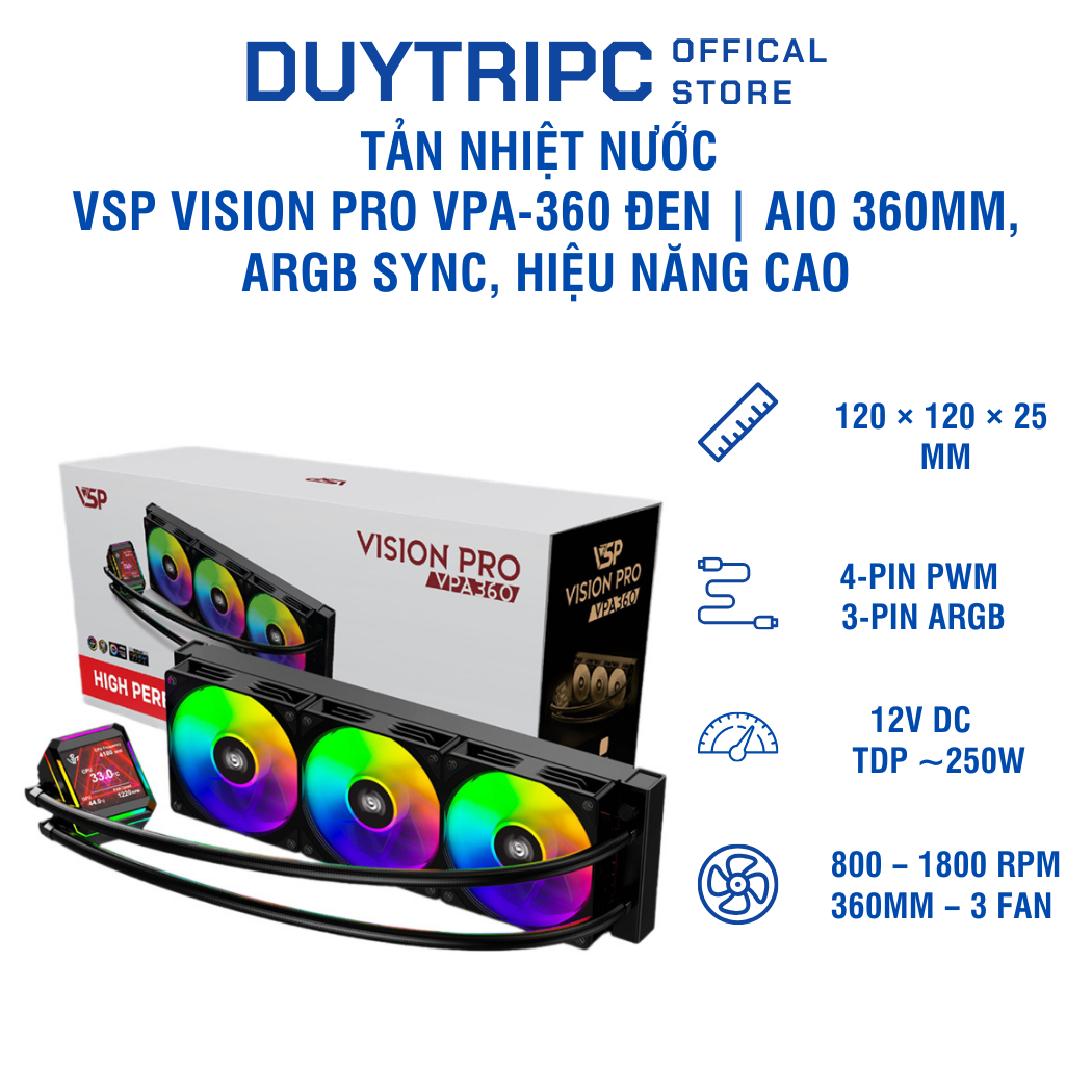 Tản nhiệt nước VSP Vision Pro VPA-360 Đen | AIO 360mm, ARGB Sync, hiệu năng cao